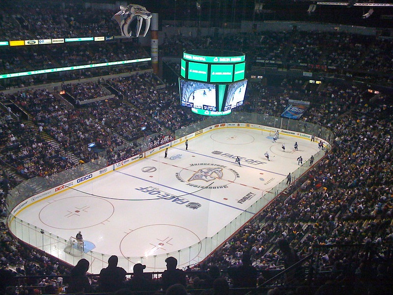 Photo of the ice at Bridgestone Arena during a Nashville Predators game.