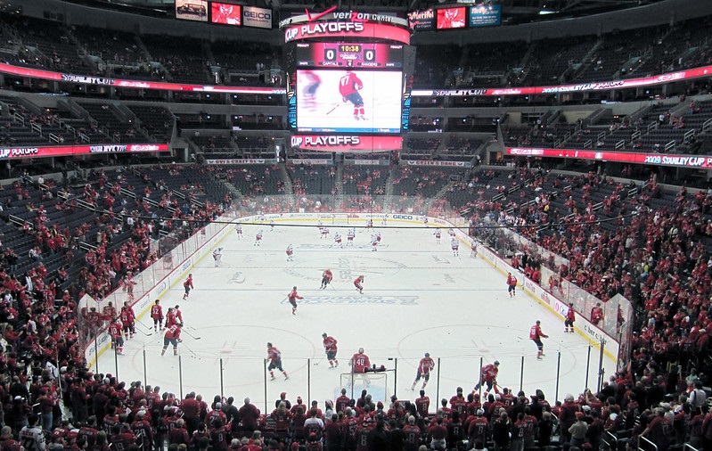 Photo of the ice at Capital One Arena during a Washington Capitals game.