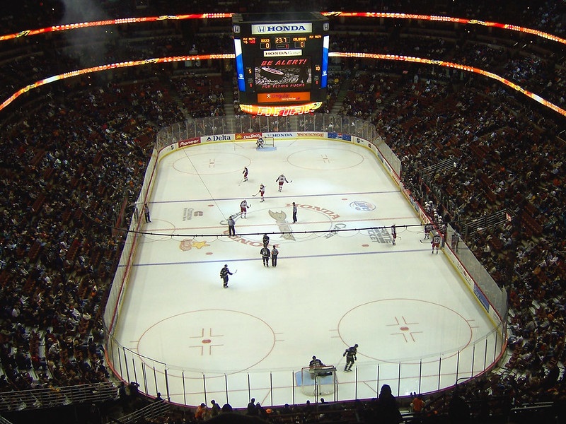 Photo of the ice at the Honda Center during an Anaheim Ducks game.