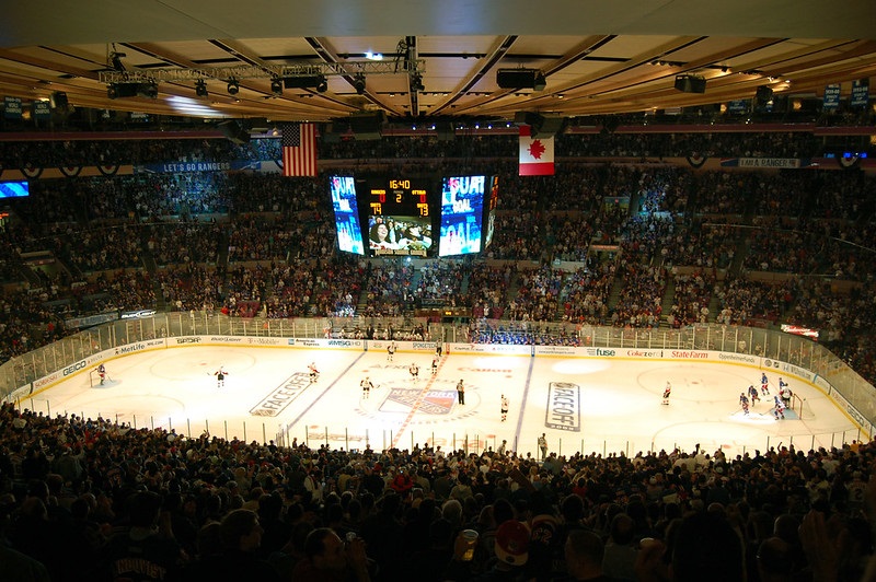 Photo of the ice at Madison Square Garden during a New York Rangers game.