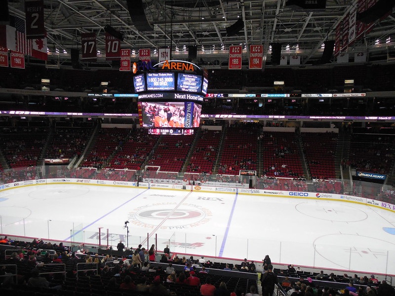 Photo of the ice at PNC Arena during a Carolina Hurricanes game.