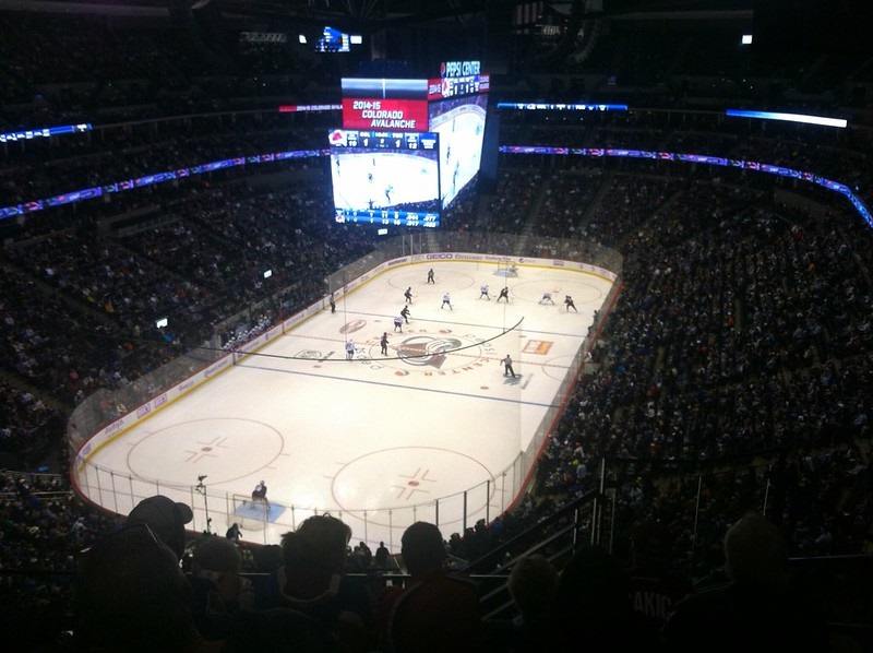 Photo of the ice at the Pepsi Center during a Colorado Avalanche game.