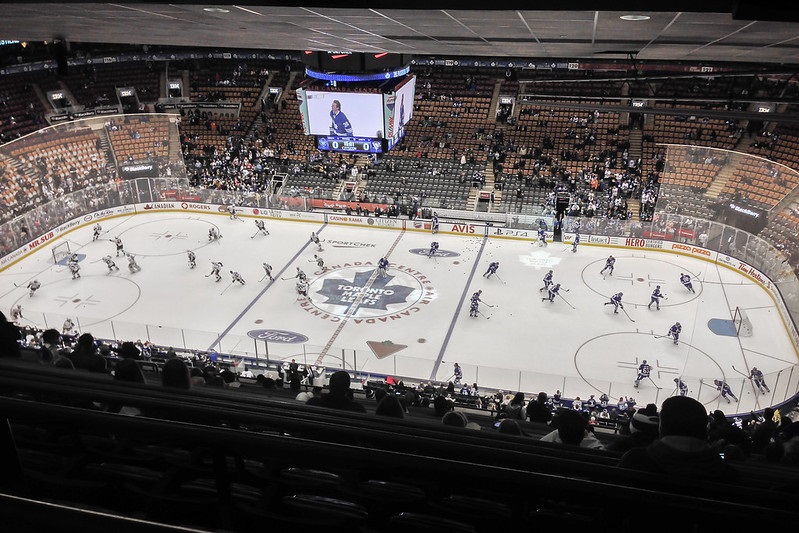 Photo of the ice at Scotiabank Arena during a Toronto Maple Leafs game.