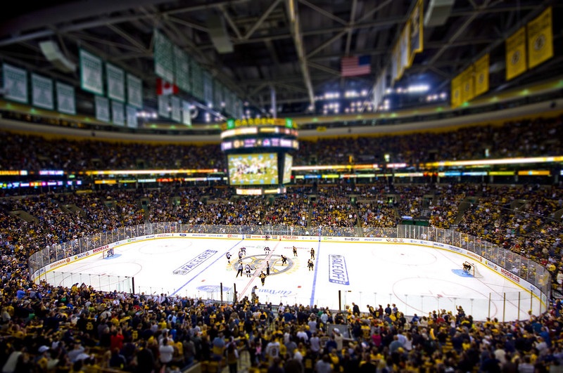 Photo of the ice at the TD Garden during a Boston Bruins game.
