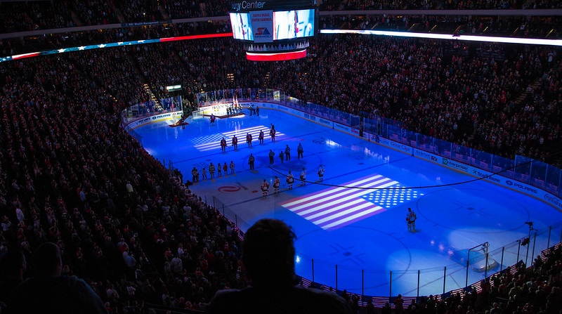 Photo of the ice at the Xcel Energy Center during a Minnesota Wild game.