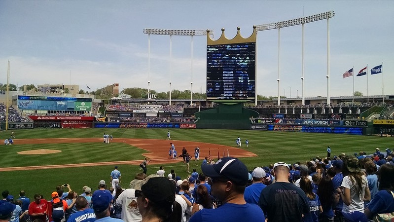 Photo taken from the field level seats at Kauffman Stadium during a Kansas City Royals home game.