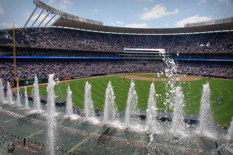 Photo of the outfield fountains at Kauffman Stadium. Home of the Kansas City Royals.