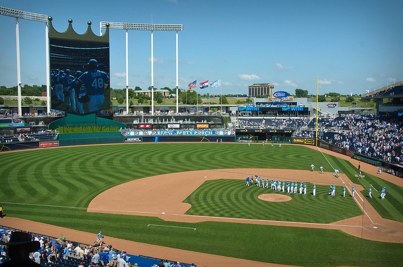 Photo taken from the plaza level seats at Kauffman Stadium during a Kansas City Royals home game.