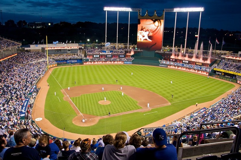 Photo taken from the view level seats at Kauffman Stadium during a Kansas City Royals home game.