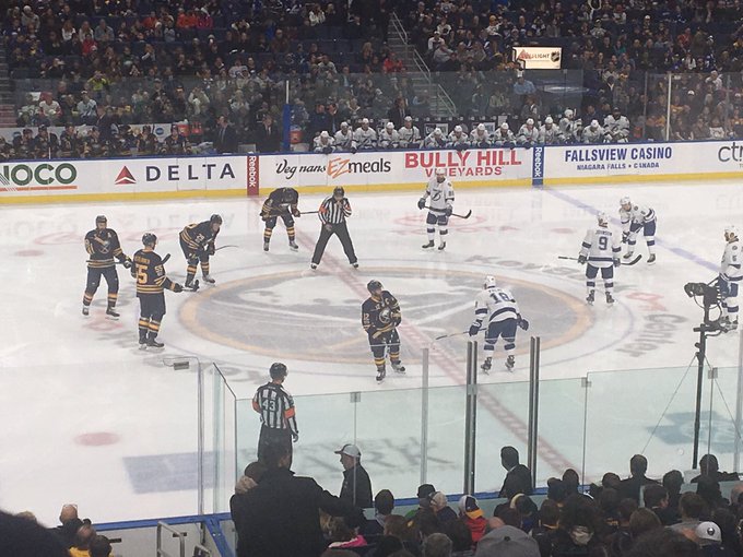 View from the lower level seats at the KeyBank Center during a Buffalo Sabres game.