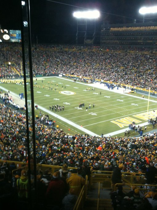 View from the indoor club seats at Lambeau Field during a Green Bay Packers game.