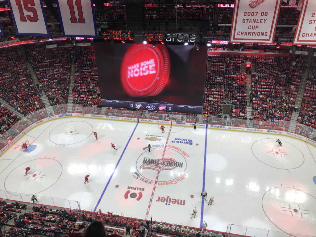 View from the Gondola seats at Little Caesars Arena during a Detroit Red Wings game.
