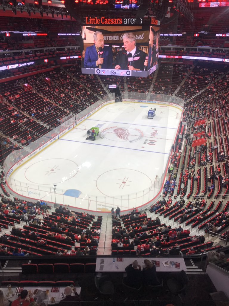 View from the Labatt Blue Club at Little Caesars Arena during a Detroit Red Wings game.