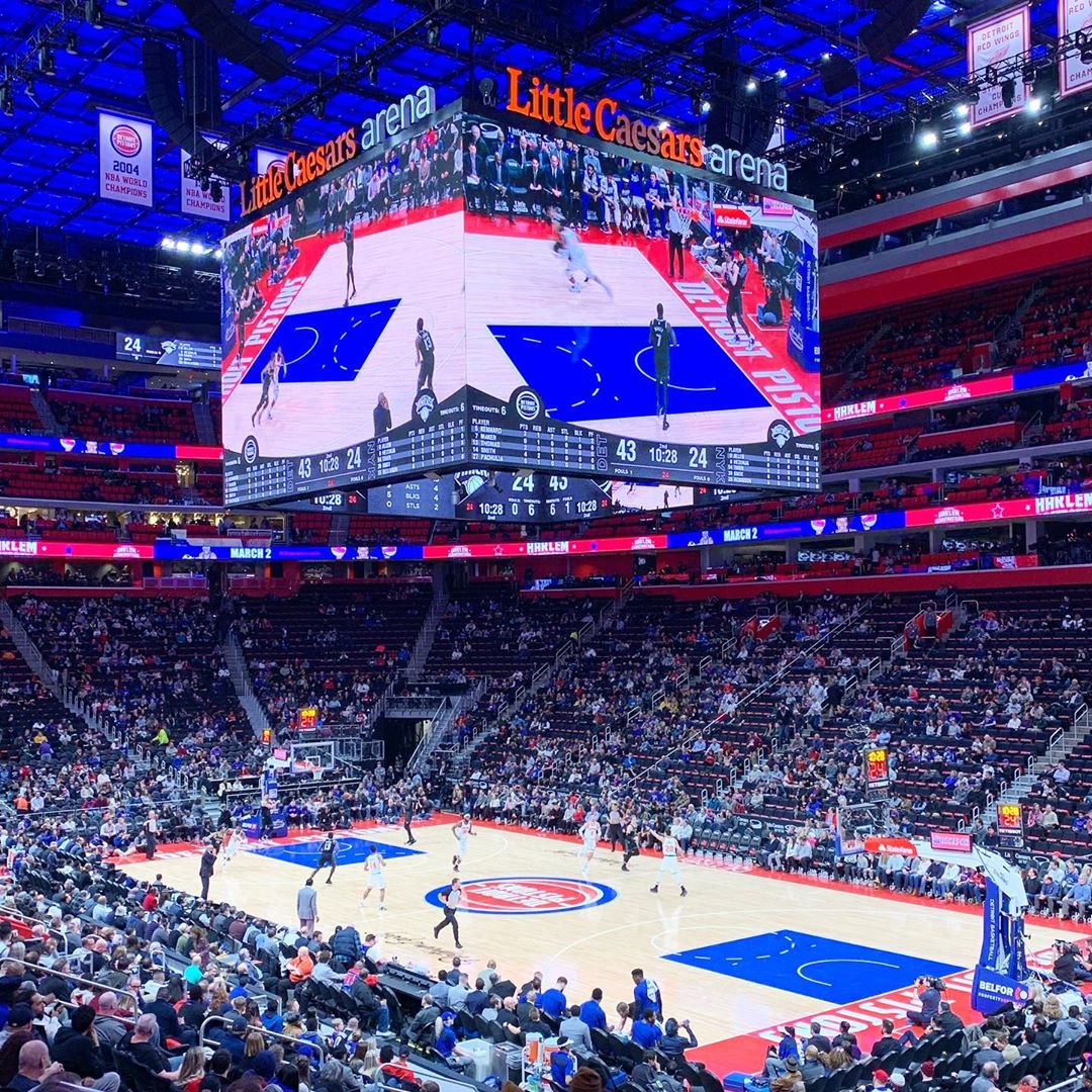 View from the loge box seats at Little Caesars Arena during a Detroit Pistons game.