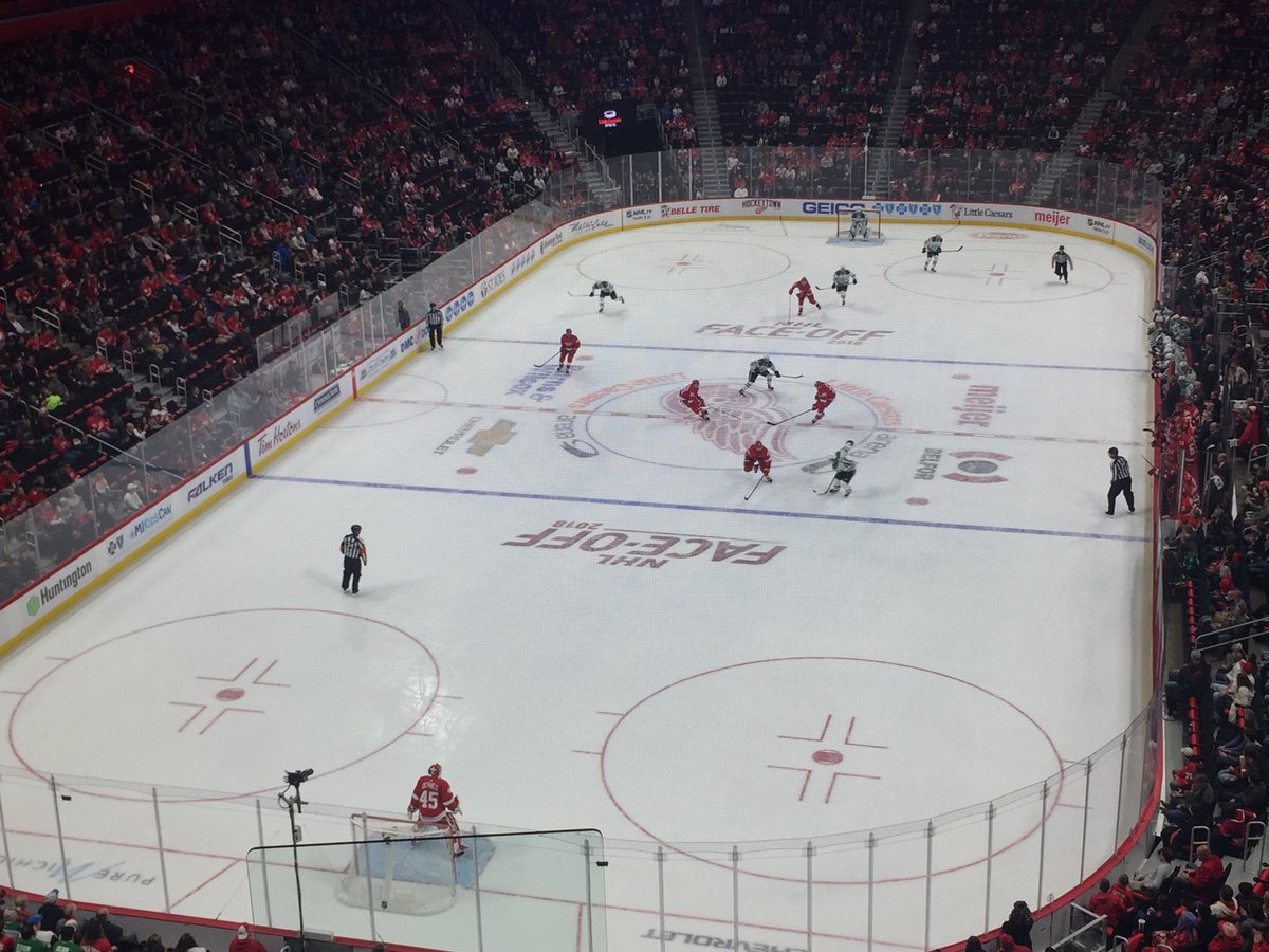View from the mezzanine seats at Little Caesars Arena during a Detroit Red Wings game.