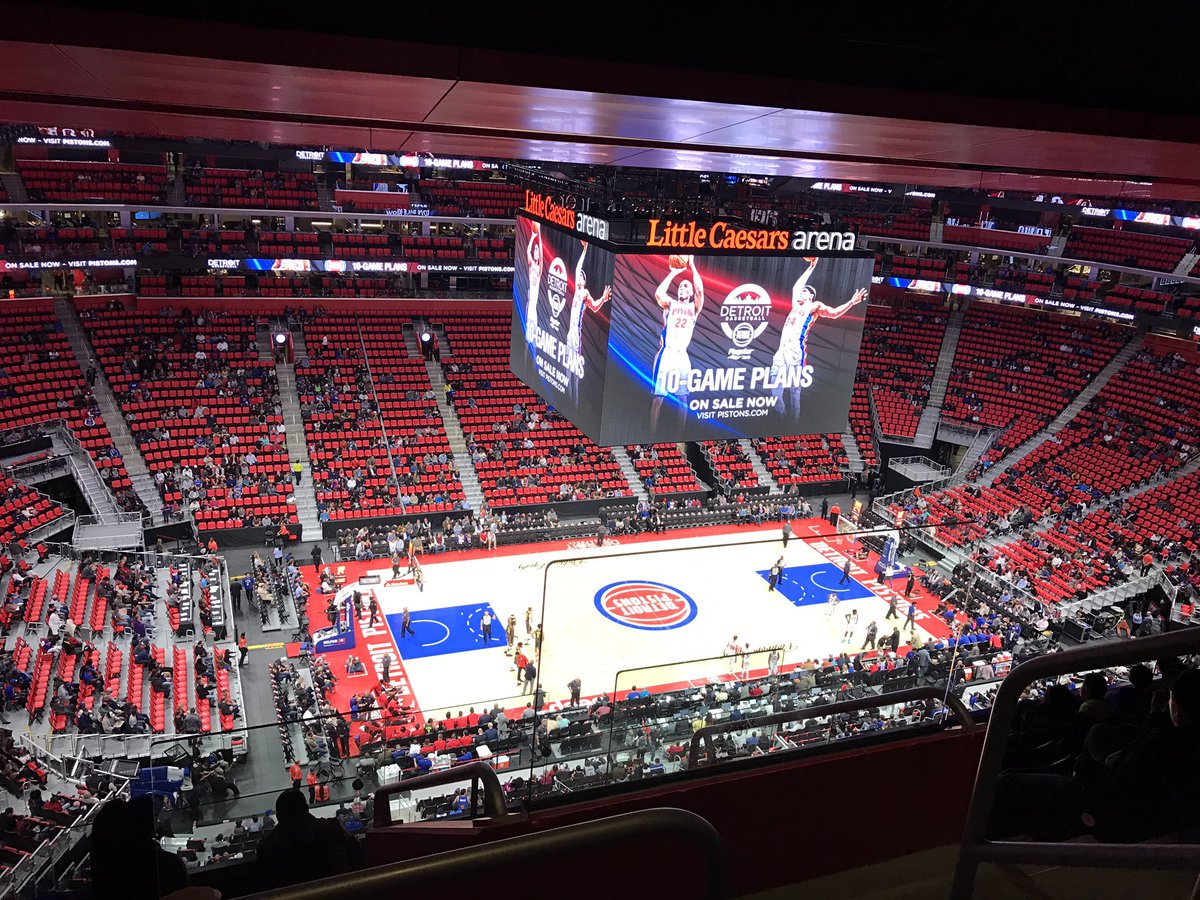 View from the upper level seats at Little Caesars Arena during a Detroit Pistons game.