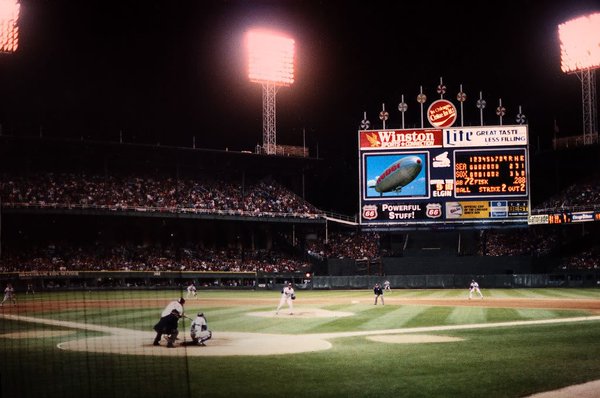 Photo of Old Comiskey in Chicago, Illinois during a night game.