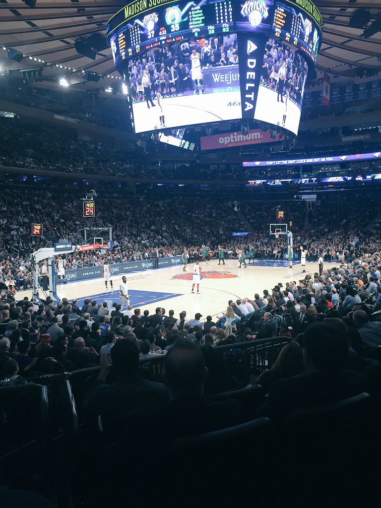 Photo of a New York Knicks game at Madison Square Garden taken from the lower level.