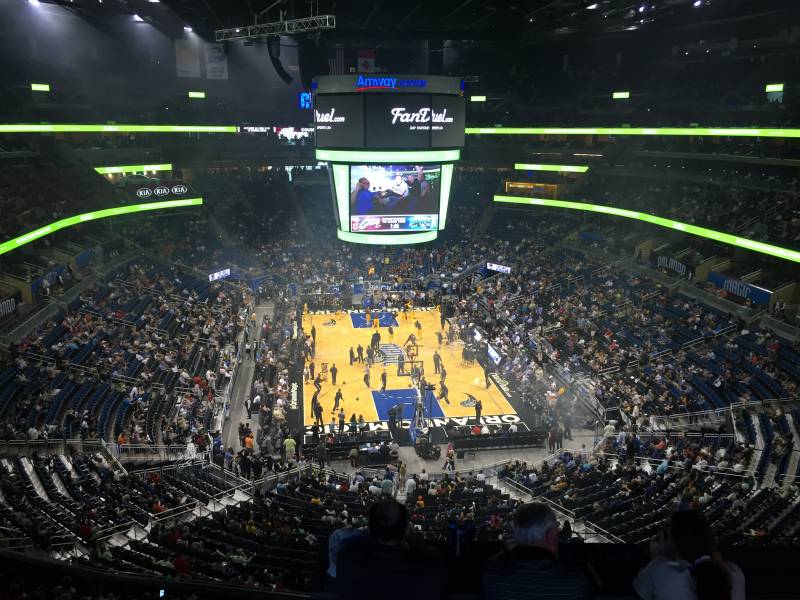 Seat view from section 218 at the Amway Center, home of the Orlando Magic. 