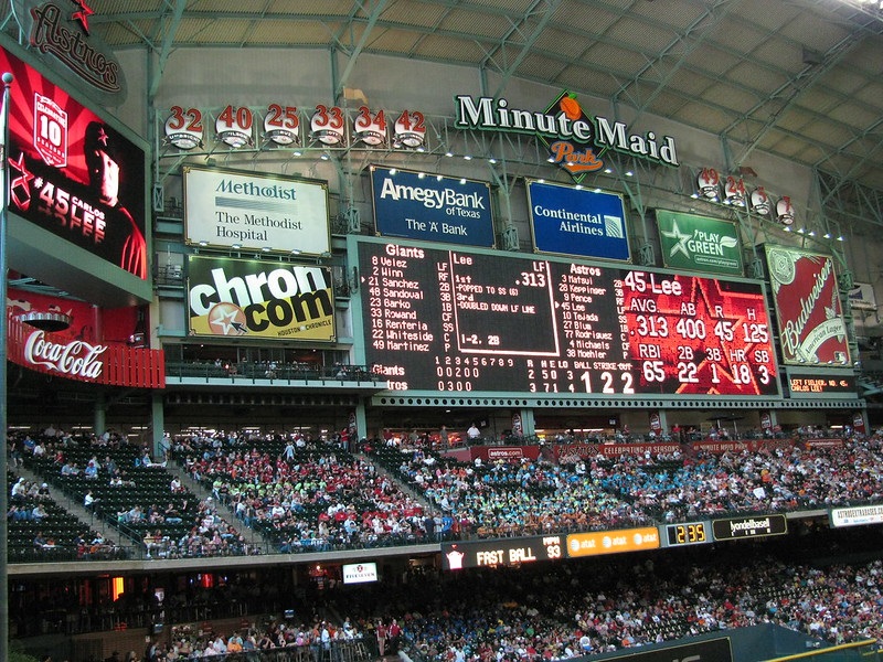 Photo of the Chevy Mezzanine seats at Minute Maid Park during a Houston Astros home game.