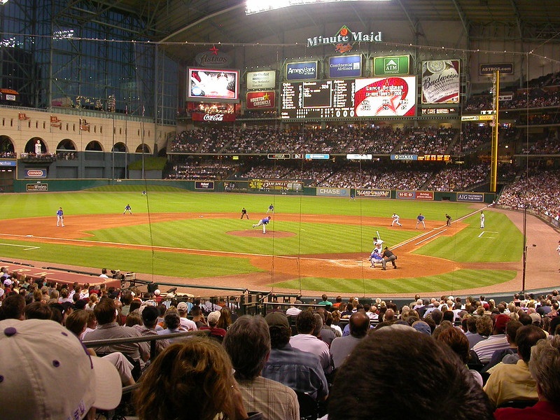 Photo taken from the field level seats at Minute Maid Park during a Houston Astros home game.