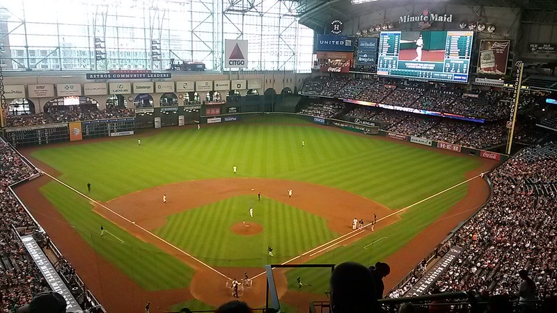 Photo taken from the terrace deck seats at Minute Maid Park during a Houston Astros home game.