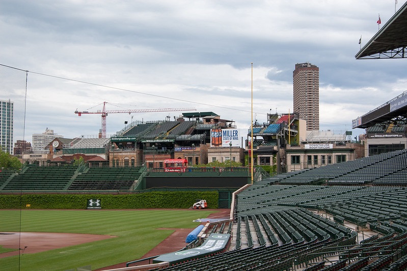 Photo showing the seats down the 1st base side of Wrigley Field. Home of the Chicago Cubs.