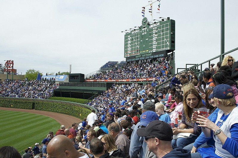 Photo of the bleacher seating area at Wrigley Field during a Chicago Cubs game.