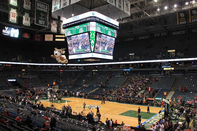 Photo of the basketball court at the Bradley Center during a Milwaukee Bucks game.