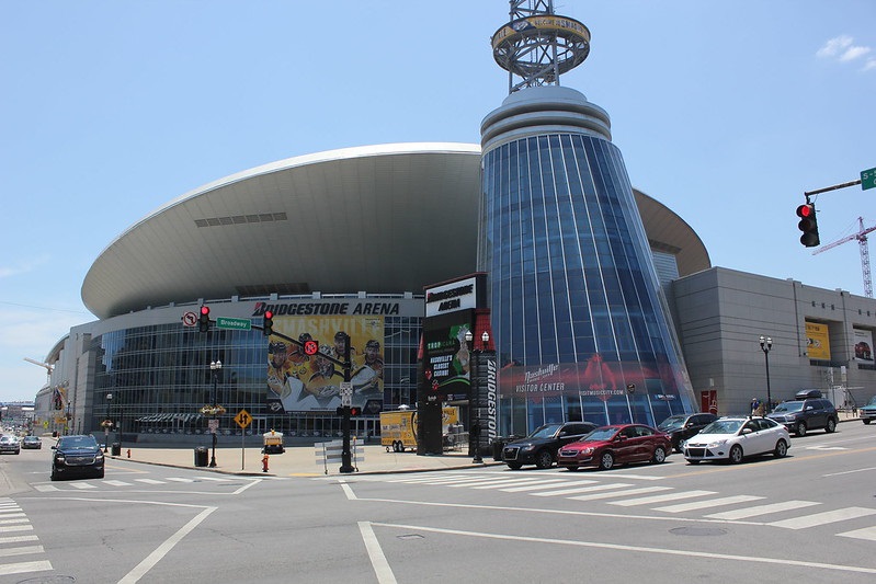 Exterior photo of Bridgestone Arena, home of the Nashville Predators.
