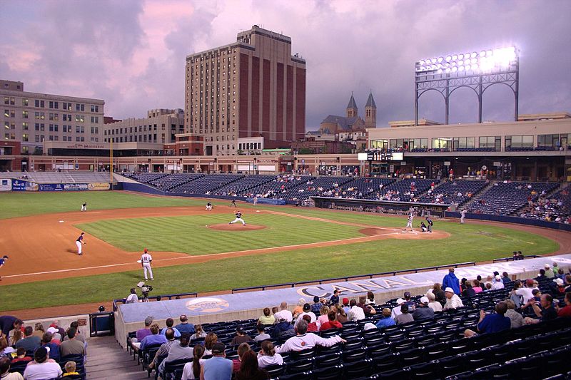 Photo of the playing field at Canal Park in Akron, Ohio. Home of the Akron Rubberducks.