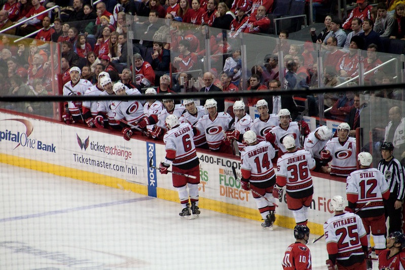 Photo of the Carolina Hurricanes' bench during a game.