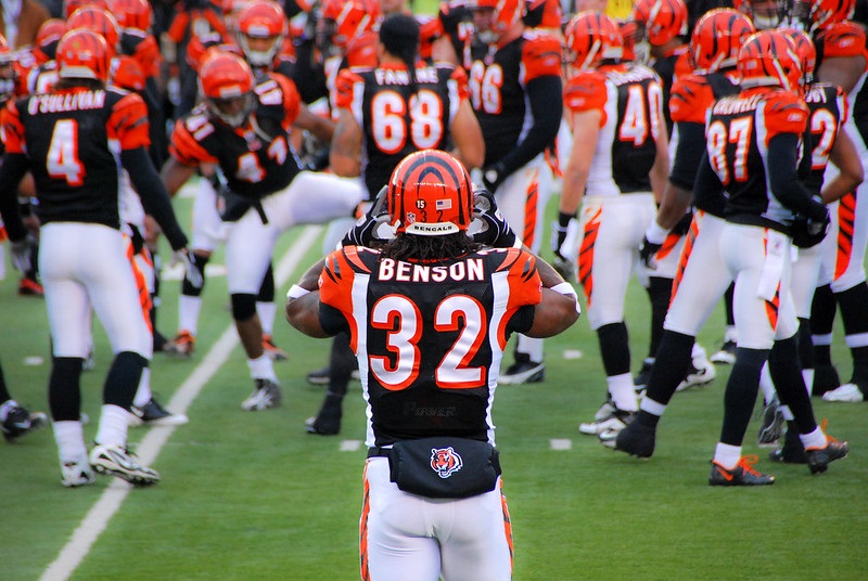 Photo of Cedric Benson and other Cincinnati Bengals players before a home game at Paul Brown Stadium.