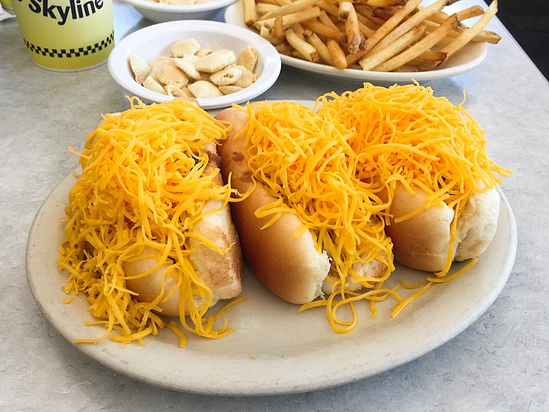 Photo of three cheese coneys from Skyline Chili in Cincinnati, Ohio.