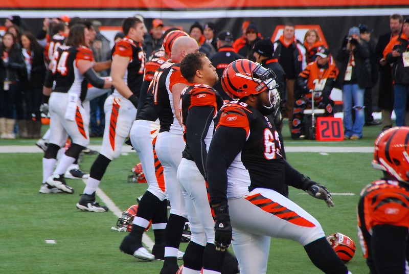 Photo of Cincinnati Bengals players warming up before a home game at Paul Brown Stadium.