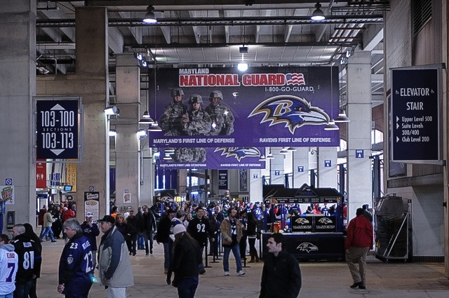 Photo of Baltimore Ravens fans walking the concourse at M&T Bank Stadium.