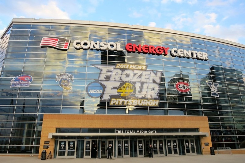 Photo of the main entrance at the Consol Energy Center. Home of the Pittsburgh Penguins.