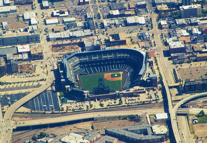 Aerial photo of Coors Field in downtown Denver, Colorado.