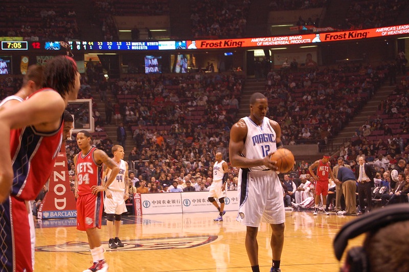 Photo taken from the courtside seats during an NBA game.
