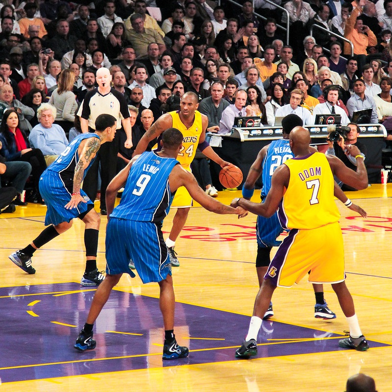 Photo taken from the courtside seats at the Staples Center during a Los Angeles Lakers home game.