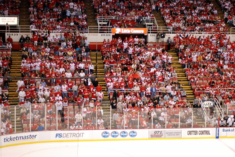 Photo of Detroit Red Wings fans in the stands at Joe Louis Arena.