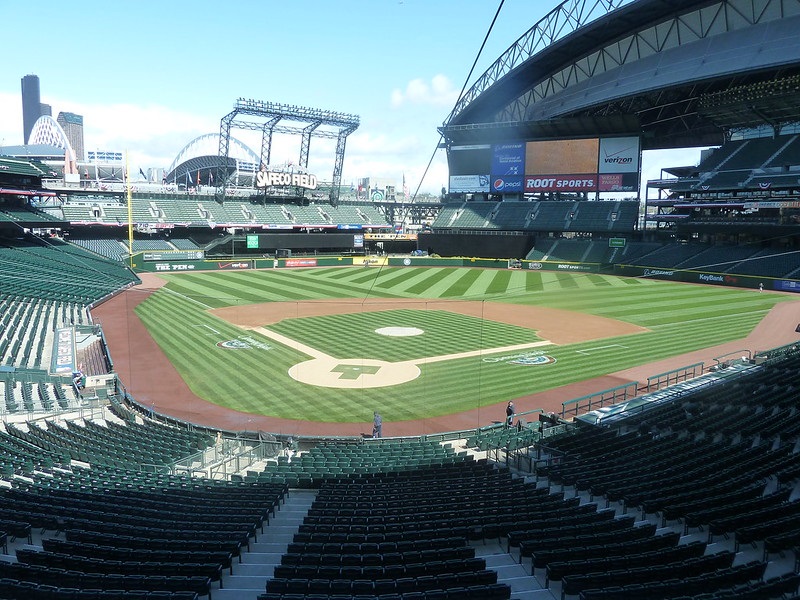 Photo of an empty Safeco Field on a sunny day. Home of the Seattle Mariners.