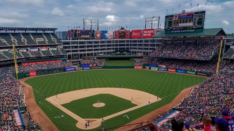 Panorama of Globe Life Park in Arlington during a Texas Rangers home game.