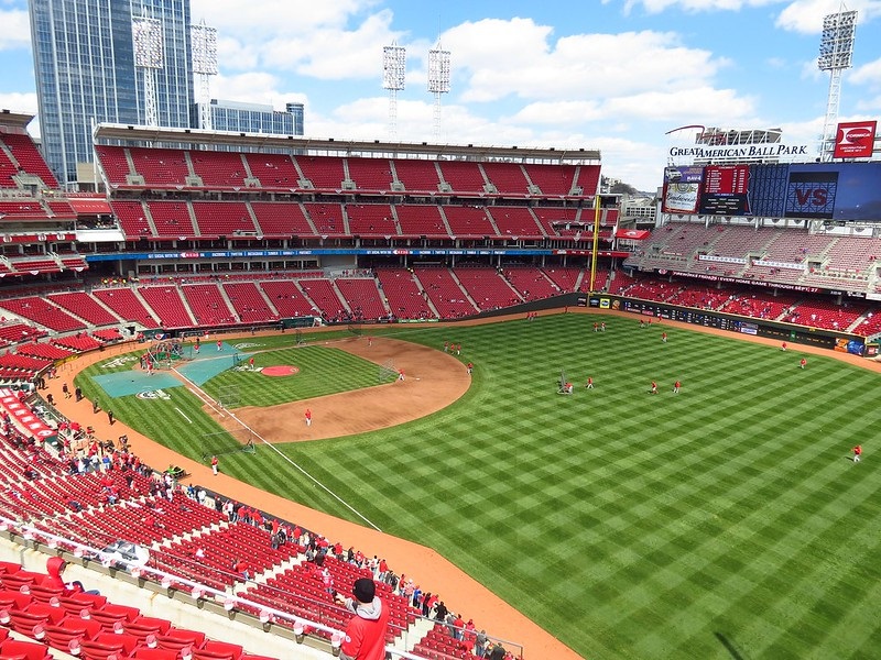 Photo of the field at Great American Ball Park taken from the outfield. Home of the Cincinnati Reds.