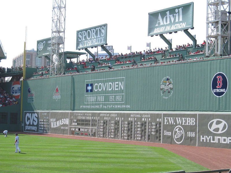 Photo of the Green Monster seats at Fenway Park during a Boston Red Sox game.