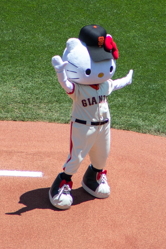 Photo of Hello Kitty throwing out the first pitch at a San Francisco Giants game at AT&T Park.