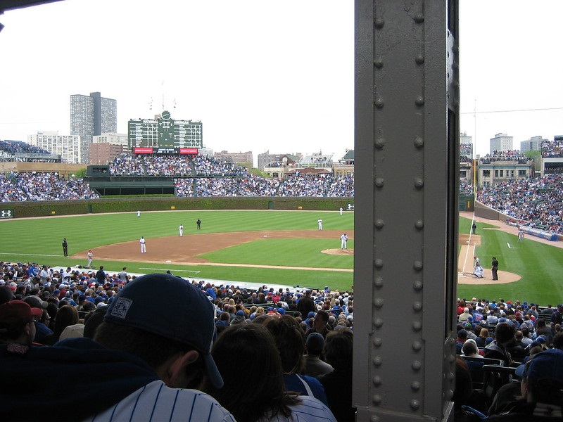 Photo taken from a seat at Wrigley Field that obstructs home plate.