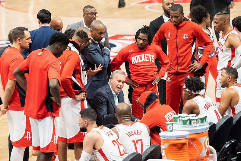 Photo of the Houston Rockets bench at the Toyota Center.