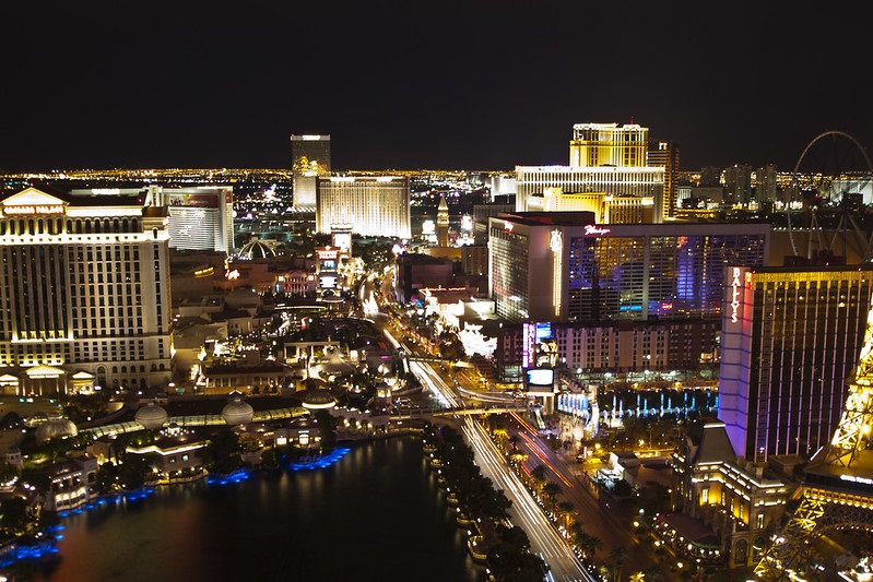 Aerial photo of the Las Vegas strip at night.