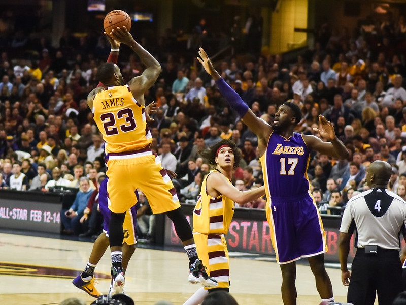 Photo of Lebron James shooting a jumpshot at Quicken Loans Arena versus the Los Angeles Lakers.